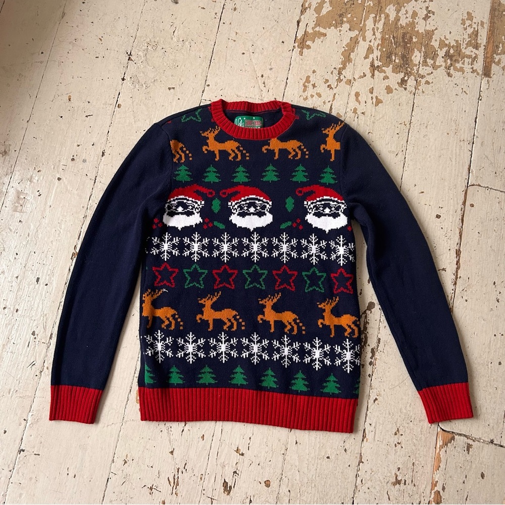 Ugly Christmas Sweater Holiday Santa Reindeers Snow Flakes Trees Stars